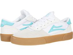 Lakai Cambridge - Men's Shoes : White/Teal Suede : Modern aesthetic meets vintage design with the skate-ready Lakai Cambridge skateboard shoes! Skate shoe in a low-top silhouette featuring a mix of contemporary and classic styles. Uppers of suede, mesh, and perforated synthetic leather. Lace-up closure. Textile lining for breathable wear. DELUX-LITE footbed for cushioned comfort. PARA-MOUNT outsole offers advanced vulcanized technology for grippy performance. Imported. Measurements: Weight: 1 lb White Skate Shoes With Rubber Waffle Outsoles, White Suede Skateboarding Sneakers, Suede Skate Shoes With Perforated Toe Box For Streetwear, White Suede Sneakers For Skateboarding, Retro Mid-top Skate Shoes With Perforated Toe Box, Casual Skate Shoes With Perforated Toe Box For Streetwear, Low-top Suede Skate Shoes With Rubber Waffle Outsoles, Low-top Suede Skate Shoes With Perforated Toe Box, White Suede Sporty Skate Shoes