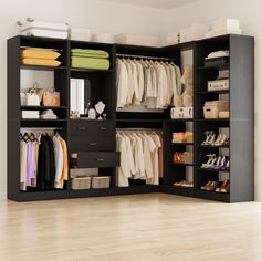 an organized closet with clothes and shoes