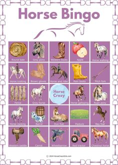 a poster with horses and farm animals on it's sides, including the words horse bingo