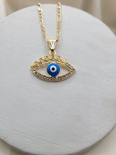 Evil Eye w/lashes pendant 18k gold filled Figaro chain Nickel Free Hypoallergenic Blue Gold-plated Charm Necklace With Adjustable Chain, Blue Hypoallergenic Pendant Necklaces, Blue 14k Gold Charm Necklace With Adjustable Chain, Blue Gold Plated Jewelry With Adjustable Chain, Hypoallergenic Gold Plated Blue Jewelry, Blue Hypoallergenic Pendant Necklace, Hypoallergenic Blue Gold-plated Jewelry, Hypoallergenic Blue Pendant Necklace, Blue Gold-plated Tarnish-resistant Jewelry