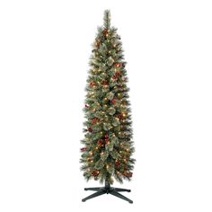 a white christmas tree with red and green lights on it's base, in front of a white background