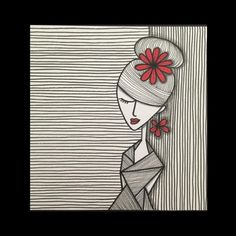 a drawing of a woman with red flowers in her hair, leaning against a striped wall