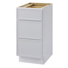 a white cabinet with two drawers on the bottom and one drawer in the middle, against a white background