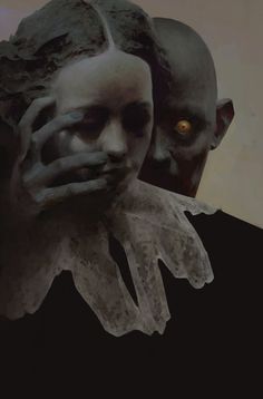 a painting of two people with their faces covered in black and white paint, one is holding his head to the other's face