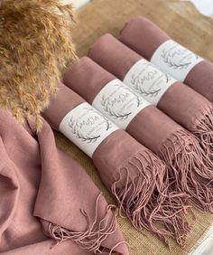 a brown teddy bear sitting on top of a table next to some pink scarfs