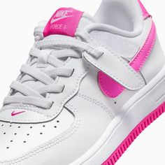 Shop Nike Kid's Force 1 Low Easyon Pre School at Tops and Bottoms USA. Enjoy free shipping on All over the USA. Style: FN0237-102, Color: White Laser Fuchsia Jean Hat, Nike Force 1, All Jordans, Nike Force, Nike Kids, Air Force 1 Low, Pink Accents, Pre School, School Shoes