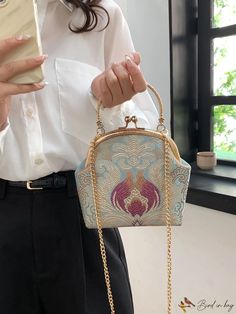 BirdinBag - Vintage Embroidered Clutch: Elegant, Spacious and Versatile Bag for Weddings, Parties, and Travel Phoenix Embroidery, Embroidery Clutch, Plant Bags, Embroidered Clutch, Novelty Bags, Word Wrap, Blue Pattern, Evening Bags, Clutches