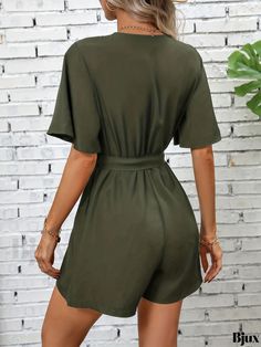 Bjux - Chic V-Neck Romper Jumpsuit with Flutter Sleeves - Stylish Button Detailing - Womens Casual Wear Solid V-neck Jumpsuits And Rompers With Buttons, Solid V-neck Jumpsuit With Buttons, Casual Wear Women, Romper Jumpsuit, Womens Casual, Flutter Sleeves, Flutter Sleeve, Jumpsuit Romper, Casual Women