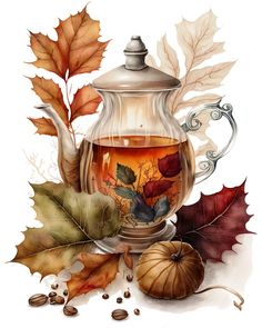 a tea pot filled with liquid surrounded by autumn leaves