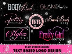 the logos for beauty products are displayed on a black background with pink and silver glitters