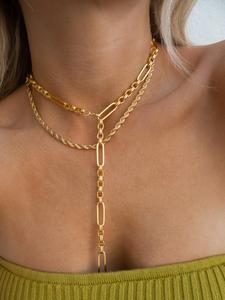 Elegant Lariat Link Necklace, Elegant Link Chain Lariat Necklace, Elegant Lariat Necklace With Link Chain, Double Chain Lariat Jewelry For Party, Party Lariat Double Chain Necklace, Party Lariat Chain Necklace With Double Chain, Party Lariat Jewelry With Double Chain, Adjustable Lariat Chain Necklace For Parties, Gold Elegant Lariat Necklace