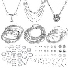 PRICES MAY VARY. [AFFORDABLE JEWELRY SET]: Well-chosen fashion elegant cute silver jewelry set, 3pcs necklaces, 14pcs bracelets and bangles, 23pcs knuckle rings, 20 pairs stud and dangle earring, Exquisite Appearance,enough styles and quantities to meet your matching needs. [EXQUISITE WORKMANSHIP]: Made of high quality alloy, stable and strong, reliable, not easy to break, rust or fade, smooth surface, mini delicate, Hypoallergenic and no harm to your body. [EASY MATCH] : The set has various sty Cute Silver Jewelry, Anniversary Gift For Friends, Silver Jewlery, Silver Jewelry Set, Valentine Anniversary, Jewelry Accessories Ideas, Ear Cuff Earings, Girls Valentines, Silver Jewellery Sets