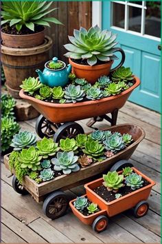 three tiered planters with succulents and wheels are on the porch