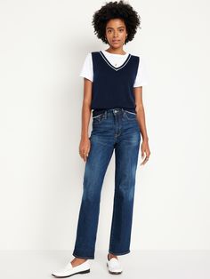 high waisted button waist belt loops zip fly front scoop pockets back patch pockets sits at belly button snug hip and thigh hits below ankle 30 1/2" regular inseam 28 1/2" petite inseam 33 1/2" tall inseam models are approx.  5'9" and wear sizes s (4), l (12), and xl (18)machine wash according to the care instruction label spandex 1% recycled cotton 5% cotton 94% Uk Style Woman Outfits, Smart Casual Jeans, Inspired Clothes, Graduation Picture, Navy Outfit, Teacher Outfit, Style Finder, Loose Jeans, Fashion 2024