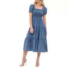 August Sky Women's Smocked Solid Tiered Midi Dress, Dusty Blue - Small : Target Dress Dusty Blue, Dress Dusty, Tiered Midi Dress, Flounce Sleeve, Woman Standing, Fabric Squares, Floral Midi Dress, Dusty Blue, Empire Waist