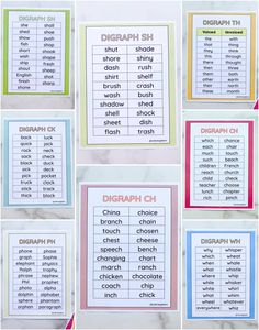 six different types of words and numbers to use in an interactive game for children, including the