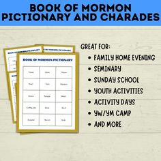 Book of Mormon Pictionary and Charades | Book of Mormon Games | Youth Games | LD Lds Pictionary, Book Of Mormon Games, Pictionary Word List, Pictionary Words, Religion Activities, Chapel Ideas, Board Game Party, Yw Activities, Youth Games