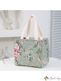 Bird in Bag - New Flower Pattern Insulated Lunch Bag - School Lunch Box Container Green Floral Print Rectangular Bag, Green Floral Print Bags For Gifts, Green Floral Print Bags Suitable For Gifts, Green Floral Print Bags As Gifts, Green Floral Print Bags Ideal For Gifts, Floral Print Rectangular Bag For Gift, Floral Print Rectangular Gift Bag, Rectangular Floral Print Bags For Gifts, School Lunch Bag