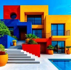 an artistic painting of a house with colorful walls and steps leading up to the pool