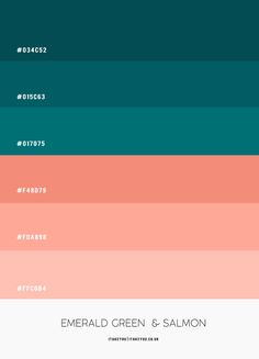 the color scheme for emerald green and salmon is shown in shades of pink, teal,