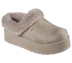 Elevate your step in cozy comfort wearing BOBS from Skechers Keepsakes Hi-Rise - Zen Out. This vegan clog-style platform slipper features a vegan suede upper with a faux-fur collar and lining, plus a cushioned Skechers Memory Foam footbed. For every BOBS purchase, a donation is made to animals in need. | Skechers Women's BOBS Keepsakes Hi-Rise - Zen Out Slipper | Medium Width | Skechers Memory Foam cushioned comfort footbed | Crafted with 100% vegan materials | Suede-look microfiber upper with f Vegan Clogs, Clog Style, Skechers Memory Foam, Clogs Style, Platform Slippers, Wide Shoes, Skechers Women, Comfort Wear, 4 Inch Heels