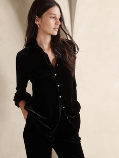 Adalia Velvet Shirt | Banana Republic Black Velvet Shirt, Velvet Shirt, Boyfriend Shirt, Black Velvet, Banana Republic, Button Downs, Button Down Shirt, Dress Up, Velvet