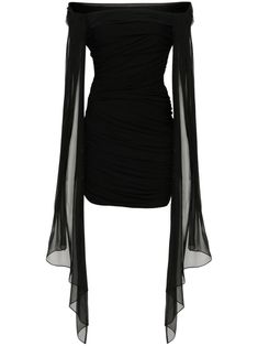 Find GIVENCHY Off-shoulder Draped Mini Dress on Editorialist. black stretch-jersey draped design semi-sheer panels off-shoulder short sleeves sash detail thigh-length full lining asymmetric hem concealed side zip fastening White Dress Performance, Full Sleeve Mini Dress, Black Dress Expensive, Off The Shoulder Drape Sleeve Dress, Draped Sleeve Dress, Black Short Dress With Sleeves, Black Dress Ideas Party, Short Dress Designs Fashion, Short Black Dresses Party