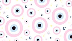 an abstract pink and blue pattern with circles, stars, and moon shapes on a white background