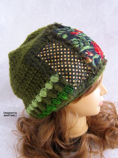 This green embroidered beanie hat is designed and handmade by me. The wool crochet beanie is made of very soft olive green angora wool yarns, floral patches,sequins fabric,Preciosa glass beads. Hat trim circumference: About 48 cm/ 19 inches This winter boho woman beanie is very lightweight,stretchy and comfortable!Machine wash on a gentle program. This unique handmade hat could be your jewelry, fashion accessory and stylish accent. It`s exclusive,one of a kind,because I don`t make more than one Green Bohemian Crochet Beanie Hat, Handmade Green Bonnet, One Size Fits Most, Green Handmade Bonnet One Size Fits Most, Handmade Green Bonnet One Size, Green Hand Knitted Beanie Cap, Green Crochet Beanie Hat, One Size, Green Hand Knitted Beanie, Green Crochet Beanie One Size, Hand Knitted Green Beanie