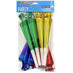 party time straws in plastic bags with confetti and streamers on them