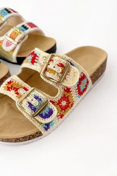 Ccocci Ccocci Crochet Knit Double Strap Cork Slide Sandal - Little Miss Muffin Children & Home Square Crochet Pattern, Double Strap Sandals, Colored Sandals, Soft Bed, Painted Hats, Colorful Crochet, Buckles Fashion, Colorful Shoes, Granny Square Crochet Pattern