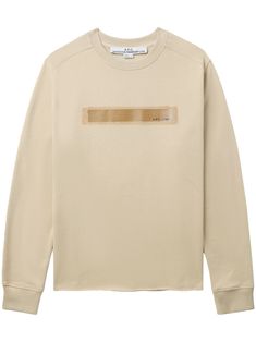 beige cotton jersey texture logo print to the front glossy finish crew neck long raglan sleeves ribbed cuffs raw-cut hem Sporty Long Sleeve Beige Sweater, Beige Crew Sweatshirt With Ribbed Cuffs, Beige Long Sleeve Sweatshirt With Ribbed Cuffs, Beige Relaxed Fit Sweatshirt With Ribbed Cuffs, Relaxed Fit Beige Sweatshirt With Ribbed Cuffs, Sporty Beige Sweater With Ribbed Cuffs, Cream Crew Sweatshirt With Ribbed Cuffs, Modern Crew Tops With Ribbed Cuffs, Modern Crew Top With Ribbed Cuffs