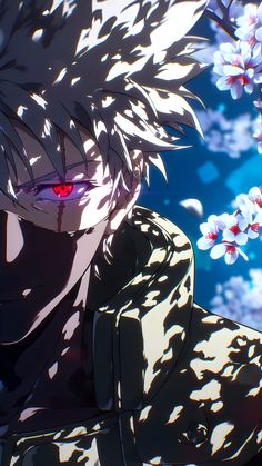 an anime character with red eyes standing in front of some white and pink flowers on a sunny day