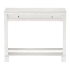 a white console table with two drawers on one side and an open drawer on the other