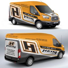 an orange and white van is shown in two different views, one with the letter h on it