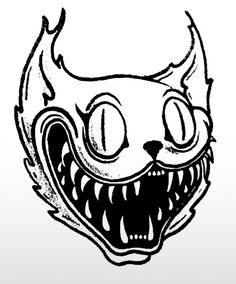 a black and white drawing of a cat's face with fangs on its teeth