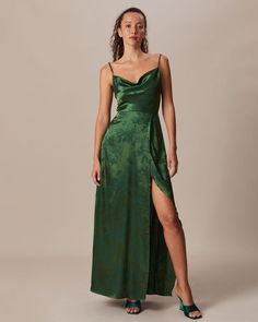 The Green Cowl Neck Jacquard Satin Maxi Dress & Reviews - Green - Dresses | RIHOAS Satin Design, Vintage Slip, Tailored Clothes, Multi Dress, Dress Slip, Green Bridesmaid, Custom Size Dresses, Satin Maxi, Satin Maxi Dress