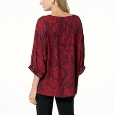 Colleen Lopez Mixed Media Sequin Trim 3/4-Sleeve Top   Effortlessly elevate outfits with this fab and flowy top. A fun addition to any wardrobe, the pullover features stylish 3/4 sleeves, a flattering scoop-neck, and a chic hi-low hem. Sequin accents on the cuffs and attached tank give the look a glam touch. Casual Rayon Tops With 3/4 Sleeves, Bohemian Half Sleeve Tops For Fall, Fall Short Sleeve Viscose Blouse, Chic Red Top With 3/4 Sleeves, Bohemian Half Sleeve Tops With Relaxed Fit, Bohemian Half Sleeve Tops Relaxed Fit, Bohemian Relaxed Fit Half Sleeve Tops, Relaxed Fit Half Sleeve Tops For Fall, Fall 3/4 Sleeve Rayon Tops