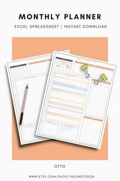 two printable planner pages with the text, month planner excel spreadsheet instant