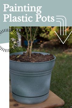 a potted plant sitting on top of a wooden table with the words painting plastic pots above it