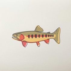 a drawing of a fish on a white wall with red and yellow stripes in the bottom half