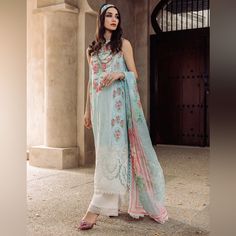 3 Piece Pakistani Suit Perfect For Eid And Party Wear Elegant Lawn Suit For Spring Festive Occasion, Elegant Festive Lawn Suit For Spring, Summer Wedding Lawn Suit In Georgette, Summer Wedding Georgette Lawn Suit, Elegant Spring Festive Lawn Suit, Summer Formal Georgette Sets, Elegant Formal Summer Dupatta, Elegant Summer Formal Dupatta, Spring Wedding Silk Lawn Suit