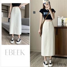 Ebeek - Professional High-Waisted Split Hem Denim Skirt in Off-White Split Denim Skirt, High Waisted Denim Skirt, Straight Skirt, Off White Color, Split Hem, Types Of Skirts, High Waisted Denim, Denim Fabric, A Line Skirt