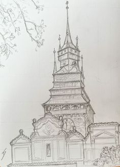 a drawing of a building with a clock tower