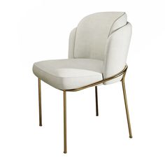 a white chair with gold legs and a beige upholstered back rest on a white background