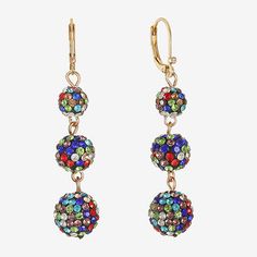 Included: 1 Pair of EarringsFeatures: RhinestonesEarring Back: Lever BackShape: RoundMetal Color: Gold ToneEarring Length: 60mmEarring Width: 12.5mmCare: Wipe CleanStone Type: 300 GlassEarrings Style: Drop EarringsMetal: ZincCountry of Origin: Imported Multicolor Metal Crystal Earrings With Rhinestones, Multicolor Rhinestone Crystal Earrings, Multicolor Jeweled Metal Earrings, Multicolor Metal Dangle Crystal Earrings, Party Multicolor Crystal Earrings, Multicolor Crystal Earrings With Sparkling Stones, Multicolor Sparkling Stones Drop Earrings, Multicolor Sparkling Drop Earrings, Multicolor Sparkling Crystal Jewelry