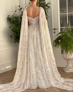 White And Gold Dress Long, White And Gold Gown, Long Gathered Skirt, Gilded Lily, Teuta Matoshi, White Flowy Dress, White Gold Dress, White Evening Gowns, Wedding Dress Flowy