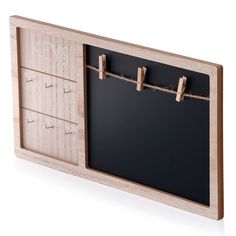 a wooden frame with clothes pins attached to it and a chalkboard on the front