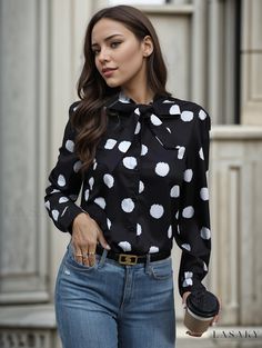 Lasaky - Chic Polka Dot Tie Neck Long Sleeve Blouse - Elegant Womens Casual Wear Casual Polka Dot Blouse For Fall, Elegant Polka Dot Top For Fall, Polka Dot Long Sleeve Blouse For Work, Polka Dot Blouse For Office In Fall, Polka Dot Long Sleeve Tops For Workwear, Fitted Long Sleeve Polka Dot Blouse, Polka Dot Long Sleeve Top For Fall, Casual Polka Dot Collared Blouse, Casual Collared Blouse In Polka Dot