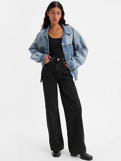 12.6 ounce As if our Ribcage jeans couldn't get any better;meet our Ribcage Wide-Leg jeans. The tailored, leggy look of the '70s and a '90s-inspired super high rise come together to create the perfect proportion to show off the rise and define your waistline. With a soaring 12-inch rise, they're about to become your waist-defining, leg-lengthening obsession. Our Ribcage jeans you know and love, now with a wide-leg cut Made with a super high rise Fitted seat and slim leg from thigh to knee for un Levis Ribcage Jeans, Levi's Ribcage, Ribcage Jeans, Rosie Posie, Levis Ribcage, High Waist Wide Leg Jeans, Black Levis, Dad Jeans, Loose Jeans